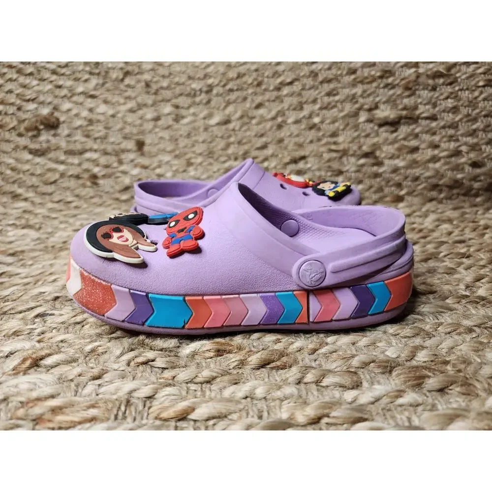 Crocs Shoes Girls Sz. C 10 Crocband Chevron Beaded Clogs Purple Rainbow Jib Bitz
